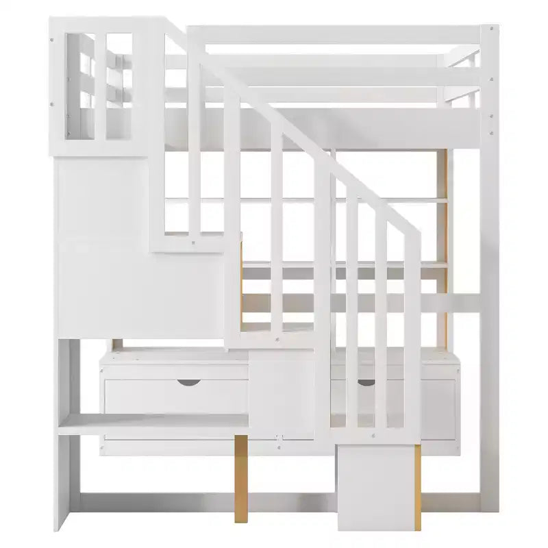 Full-Size-Hochbett mit Treppe und Schreibtisch, Hochbettgestell aus Holz mit Staufächern und Bücherregalen für Erwachsene, Teenager und Kinder