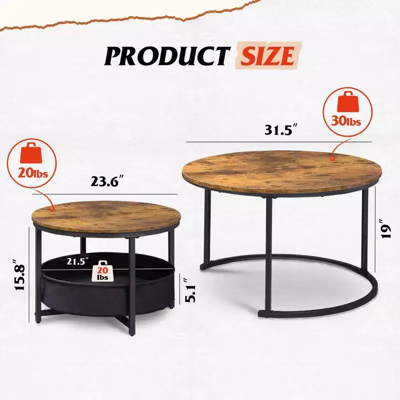 GALAXHERO 2er-Set verschachtelbare runde Couchtische – 31,5-cm-Beistelltische mit Ablagefach und Metallgestell für Wohnzimmer/Wohnung