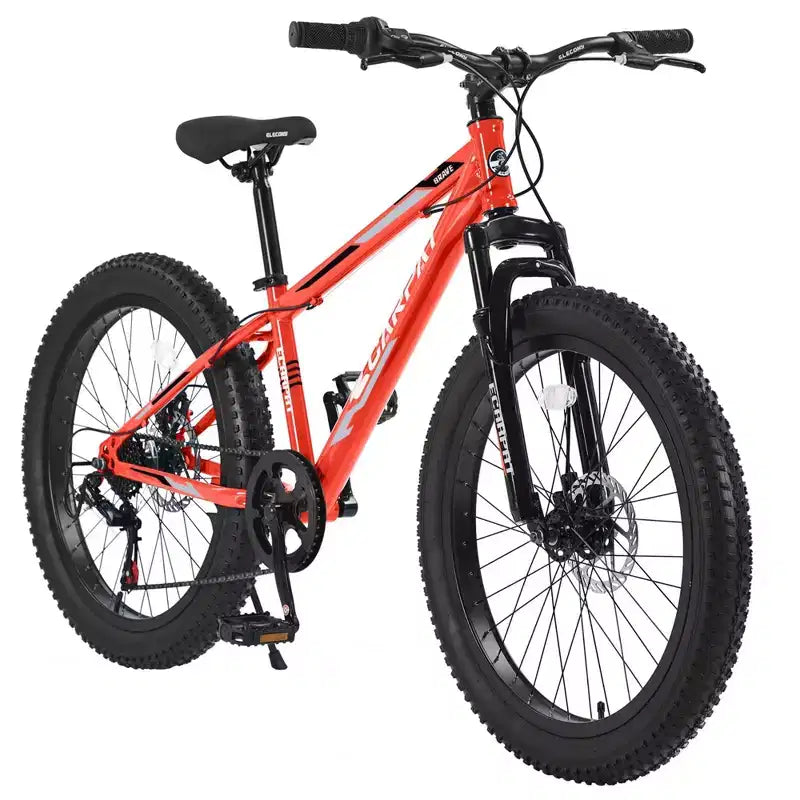 NAYSAYE 24 Zoll Fatbike Mountainbike mit 7-Gang-Schaltung und doppelten Scheibenbremsen für Erwachsene und Jugendliche, Orange, 67*25*40