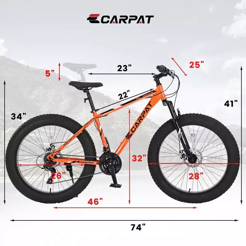 NAYSAYE Fahrrad 26 Zoll Fatbike 21 Gänge Vollsynchronschaltung für Erwachsene und Jugendliche für den Offroad-Einsatz, Orange, 74*25*41