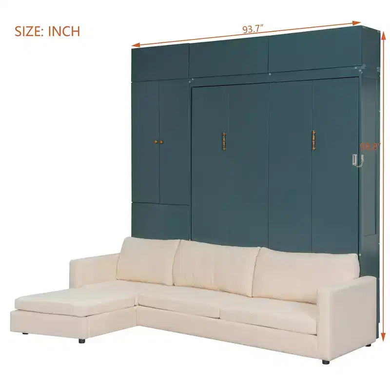 Schrankbett in Queen-Size mit Sofa und Schrank, hölzernes Queen-Size-Schrankbett als Wandbett mit Regalen, klappbares Wand-Schrankbett für Gästezimmer und Büro