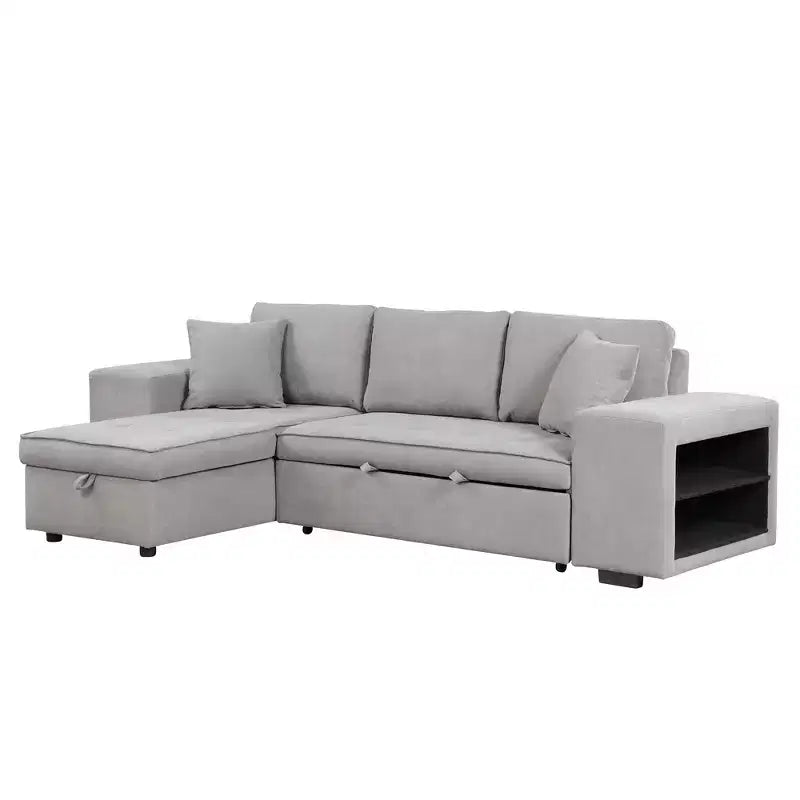 104,5 Zoll L-förmige Schlafcouchgarnitur mit Stauraum-Chaiselongue und 2 Hockern – 3-Sitzer-Schlafsofa mit Schlaffunktion für das Wohnzimmer