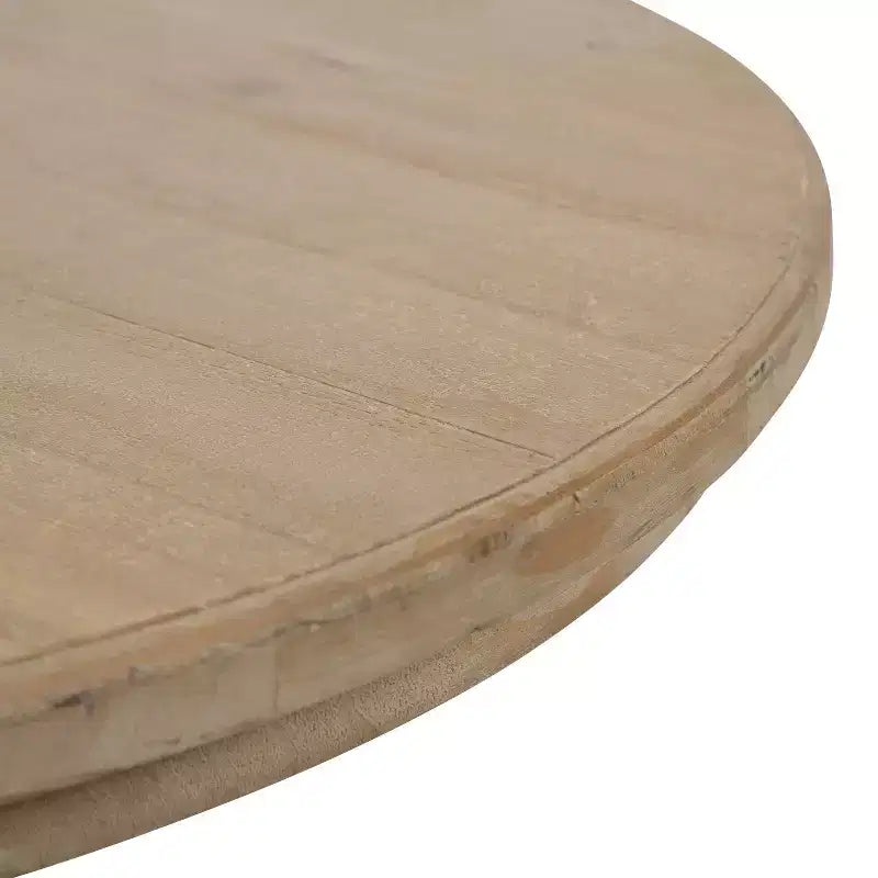 Runder Couchtisch aus Holz, rustikales Braun und Weiß, Kreuzfußgestell