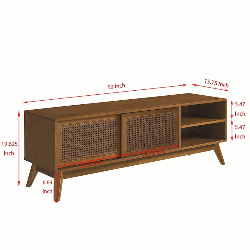 Vintage Rattan TV-Schrank mit 2 Staufächern und 4 Holzbeinen für Wohnzimmer, Schlafzimmer und Büro