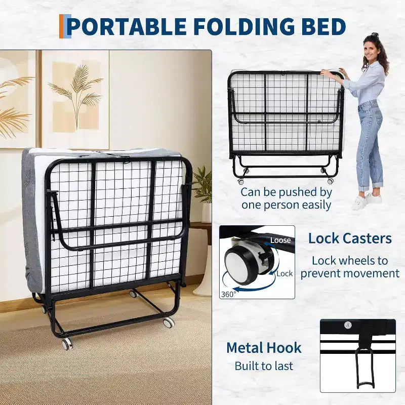 Klappbett mit Matratze für Erwachsene, tragbares Gästebett auf Rollen, faltbares Metallgestell-Bett mit 5-Zoll-Memory-Foam-Matratze und seitlicher Aufbewahrungstasche