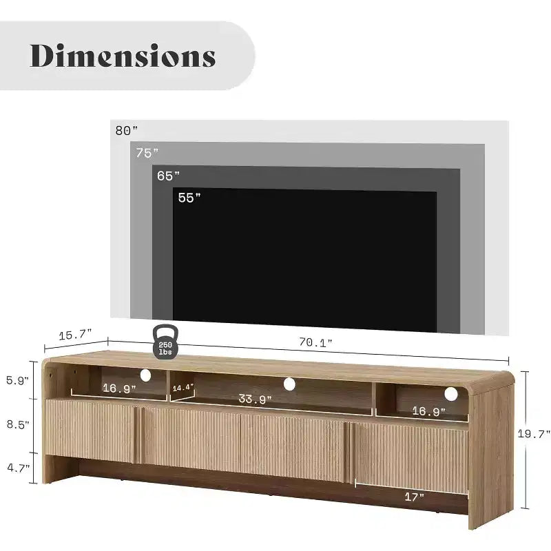 AMERLIFE 70" Modernes TV-Lowboard mit geriffeltem Design & Staufächern, für Fernseher bis 80", Holz-Mediakonsole für das Wohnzimmer