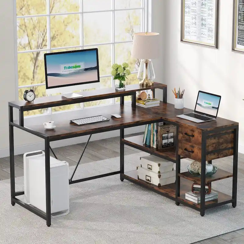 L-förmiger Schreibtisch mit Schublade, Eckschreibtisch für das Home-Office mit Ablagefächern und Monitorständer, rustikaler PC-Tisch für kleine Räume