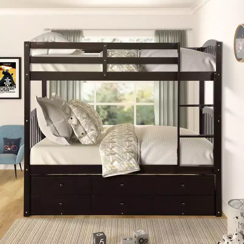 Etagenbett mit Leiter und Schutzgitter, Ausziehbett mit 3 Schubladen – Möbel für Jugend- und Gästezimmer