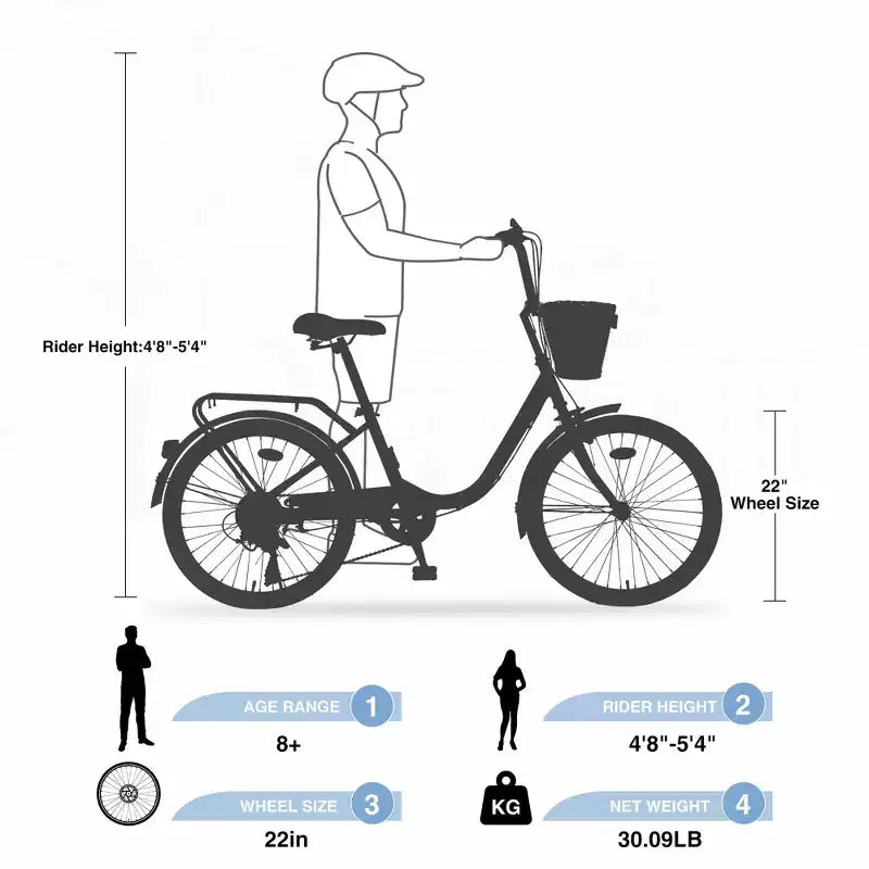 Okak 22-Zoll-Cruiser-Fahrräder mit Frontkorb, Mädchenfahrrad mit Stahlrahmen, V-Bremse und Komfortsattel, Fahrrad für Mädchen und Frauen