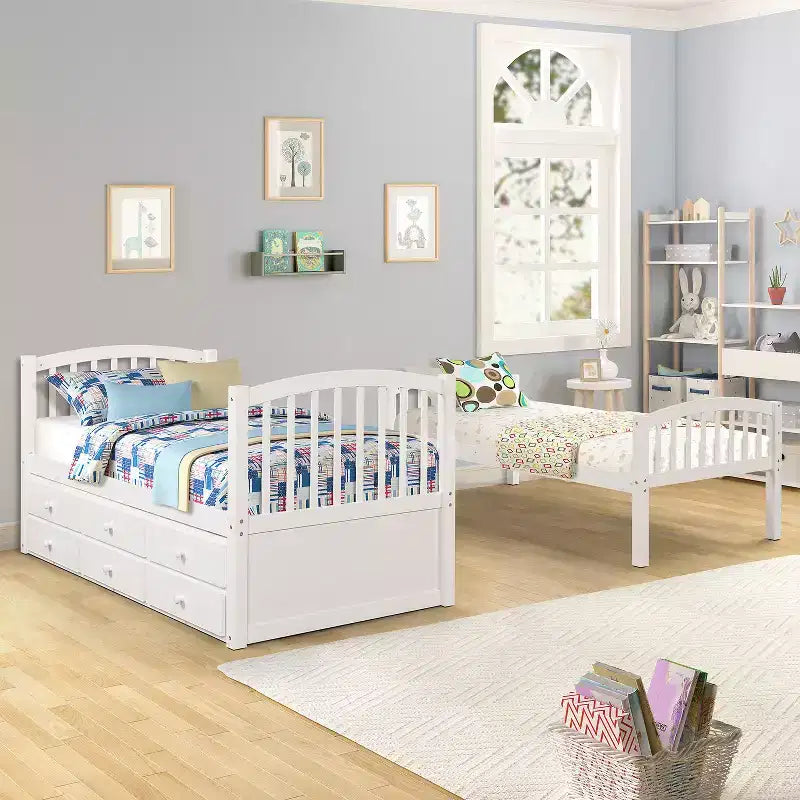 Etagenbett mit Leiter und Schutzgitter, Ausziehbett mit 3 Schubladen – Möbel für Jugend- und Gästezimmer