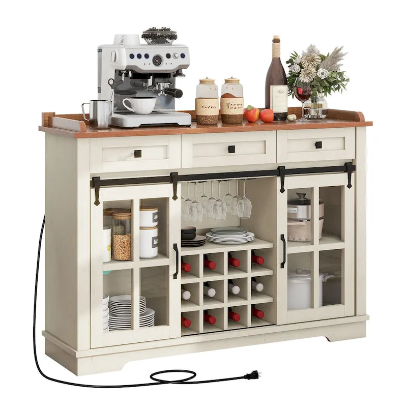 53-Zoll-Buffetschrank im Scheunentor-Stil mit Kaffeebar, Weinregal und Stauraum für die Küche