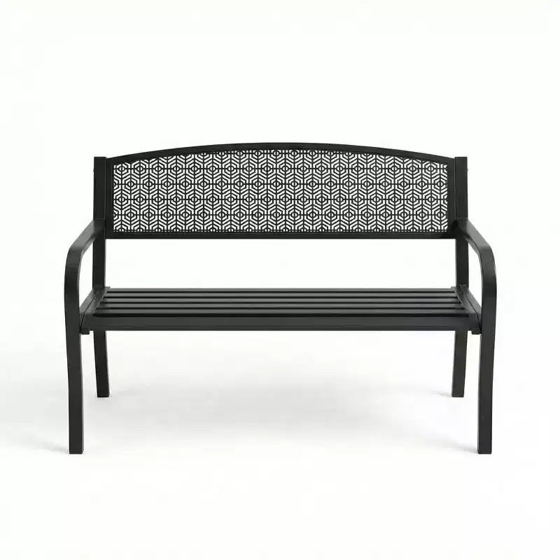 Gartenbank aus Metall für 2 Personen, Stahlbank mit geometrischer Rückenlehne für Terrasse, Garten und Veranda