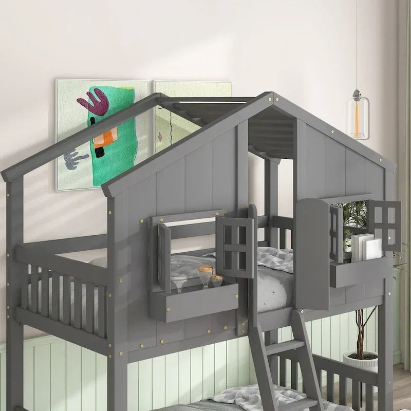 Etagenbett „Haus“ für zwei, mit Dach, Fenster, Blumenkasten und Tür, inklusive Sicherheitsgeländern und Leiter, Grau