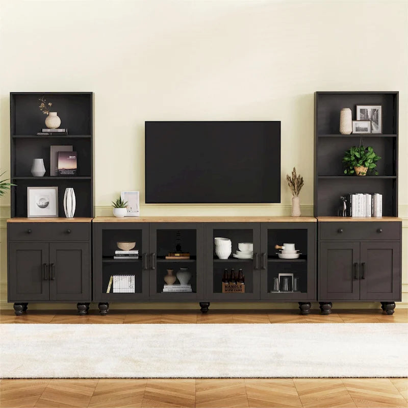 Schwarzes Entertainment-Center im Landhausstil mit dunklem Walnussholz, Bücherregalen und Türen aus gehärtetem Glas für Fernseher bis 70 Zoll