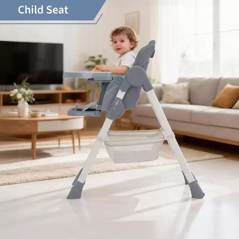 Zusammenklappbarer Hochstuhl für Babys und Kleinkinder, Hochstuhl aus PU-Leder mit verstellbarer Rückenlehne und Sitzhöhe, abnehmbarem Tablett, 5-Punkt-Sicherheitsgurt und feststellbaren Rollen