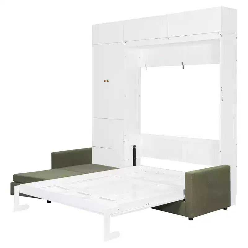 Schrankbett in Queen-Size mit Sofa und Schrank, hölzernes Queen-Size-Schrankbett als Wandbett mit Regalen, klappbares Wand-Schrankbett für Gästezimmer und Büro
