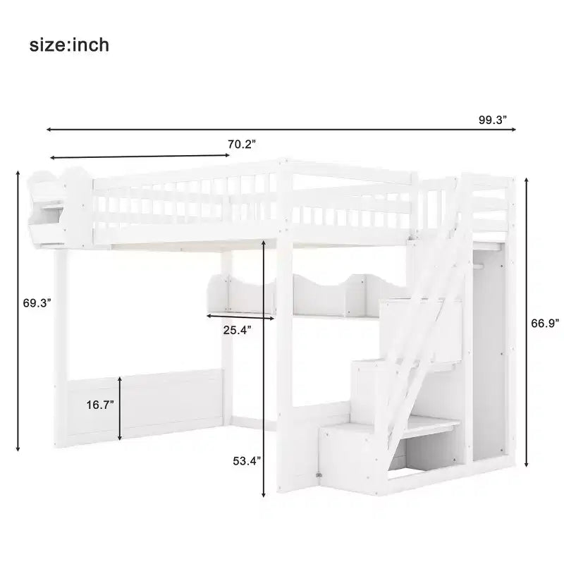 Queen-Hochbettgestell mit Treppe, Kleiderschrank & Regalen - MDF, 650 lb