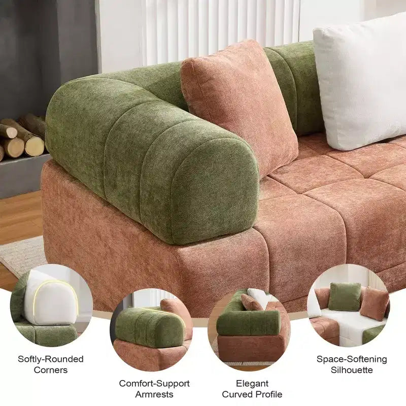 280 cm breites, modulares 4-Sitzer-Sofa aus Chenille im Colorblock-Design mit geschwungenen Armlehnen