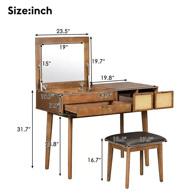 GDFStudio Vita Classic Schminktisch-Set aus Holz mit aufklappbarer Tischplatte, verstecktem Spiegel, 3 Schubladen und gepolstertem Hocker