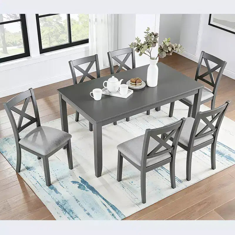 GDFStudio Loren modernes 7-teiliges Esszimmer-Set aus Massivholz mit gepolstertem Tisch und Stühlen