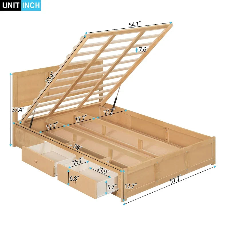 Holz-Plattformbett mit Stauraum und 2 Schubladen