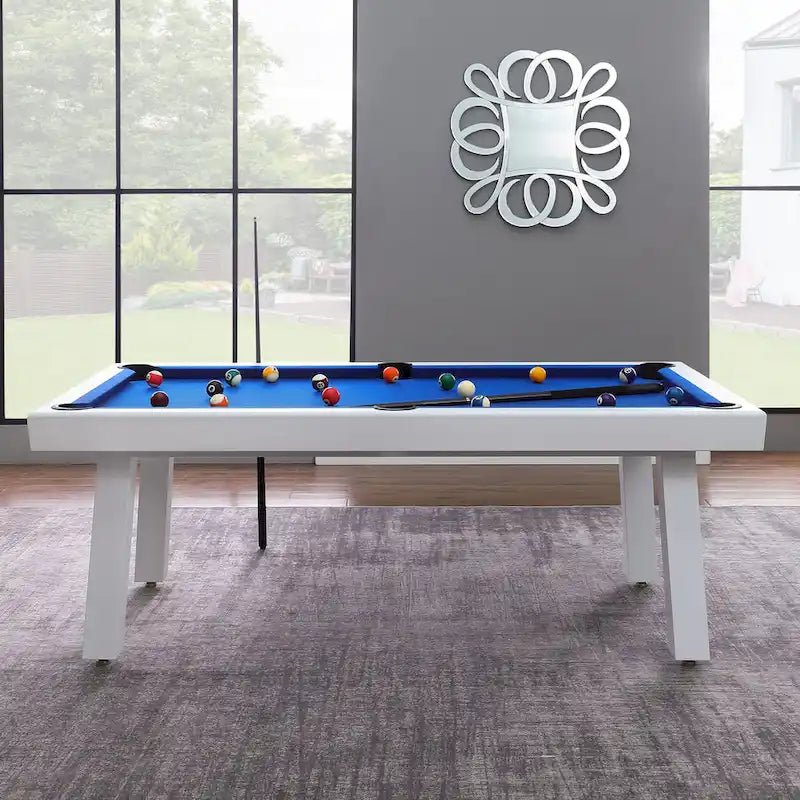 Norwalk Indoor/Outdoor 7-Fuß-Billardtisch in Schieferoptik, Esstischgarnitur für 6 Personen mit 4 Bänken und Zubehör, weißes Finish