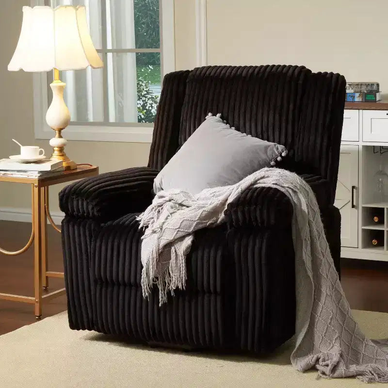 Kordsessel, manueller Relaxsessel mit Hebel, gepolsterte Armlehnen, dicke Polsterung, Seitentasche, Wohnzimmer, Schlafzimmer, Heimkino, Dunkelgrau
