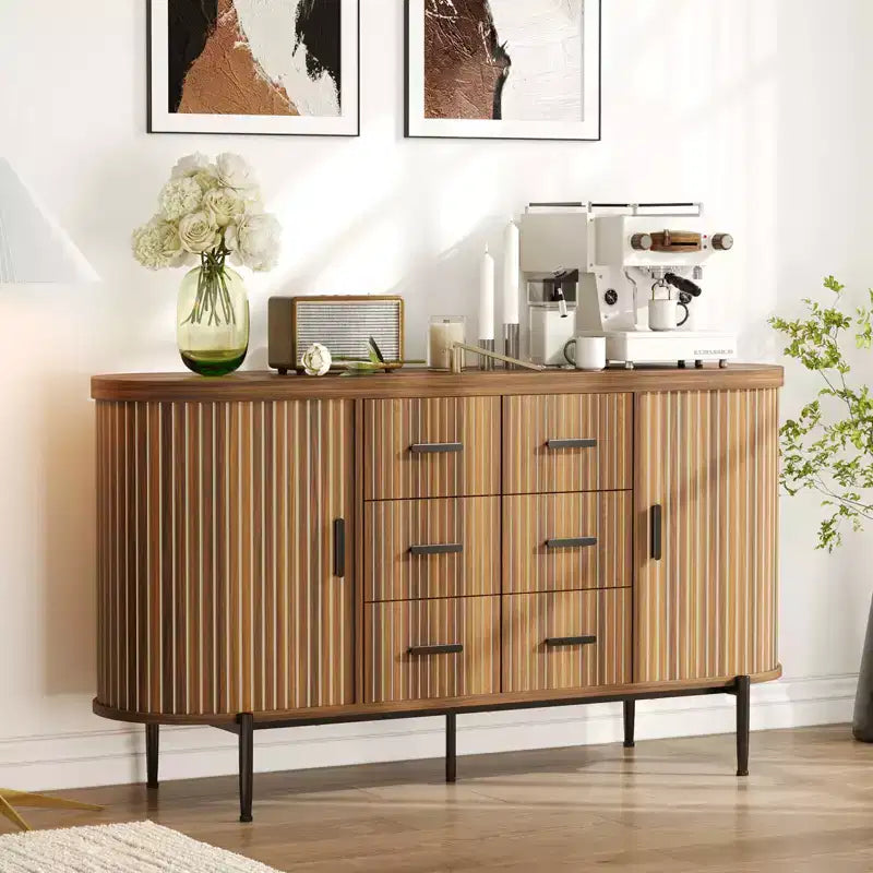 59-Zoll-Sideboard im Landhausstil mit geriffelter Front, TV-Lowboard mit 6 Schubladen und 2 Schiebetüren, vielseitiger Aufbewahrungsschrank fürs Wohnzimmer