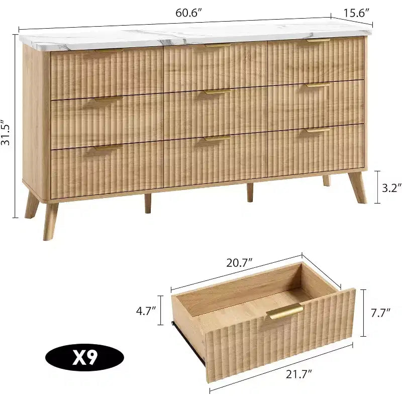 Geriffelte 9-Schubladen-Kommode, 60,6 breite Holzkommode mit tiefem Stauraum, für Schlafzimmer, Wohnzimmer oder Flur