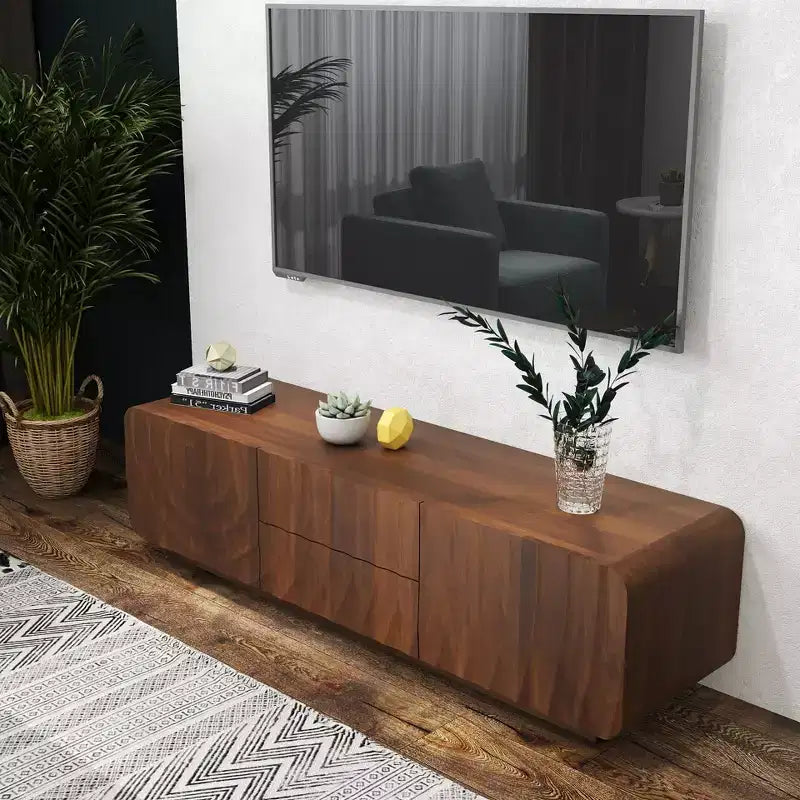 JVNOXK 58-Zoll-TV-Board, Mid-Century-Spiralwellendesign, mit Stauraumschrank und zwei Schubladen, geeignet für Wohnzimmer oder Schlafzimmer, Walnuss