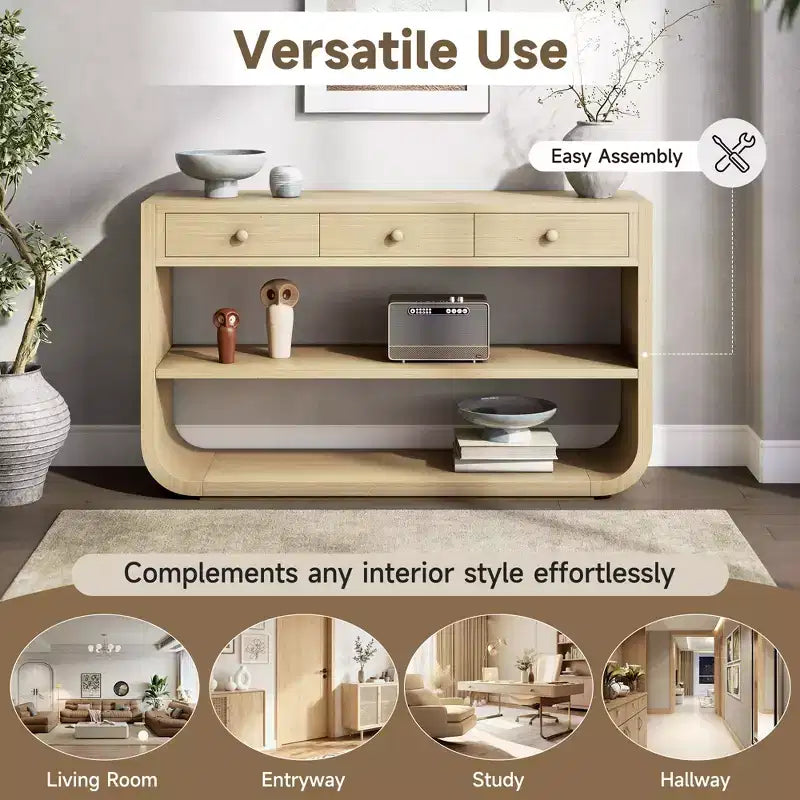 ModernLuxe geschwungener Konsolentisch, Flurtisch, Sofabeistelltisch, Präsentationsständer, Akzenttisch mit 3 Soft-Close-Schubladen & 2 offenen Ablagen