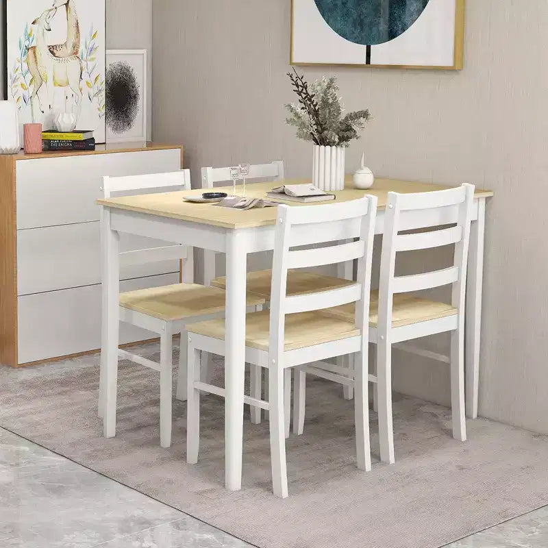Costway 5-teiliges Esszimmer-Set Massivholz Küchenmöbel mit rechteckigem Tisch & 4 Stühlen Natur/Kaffee/Grau