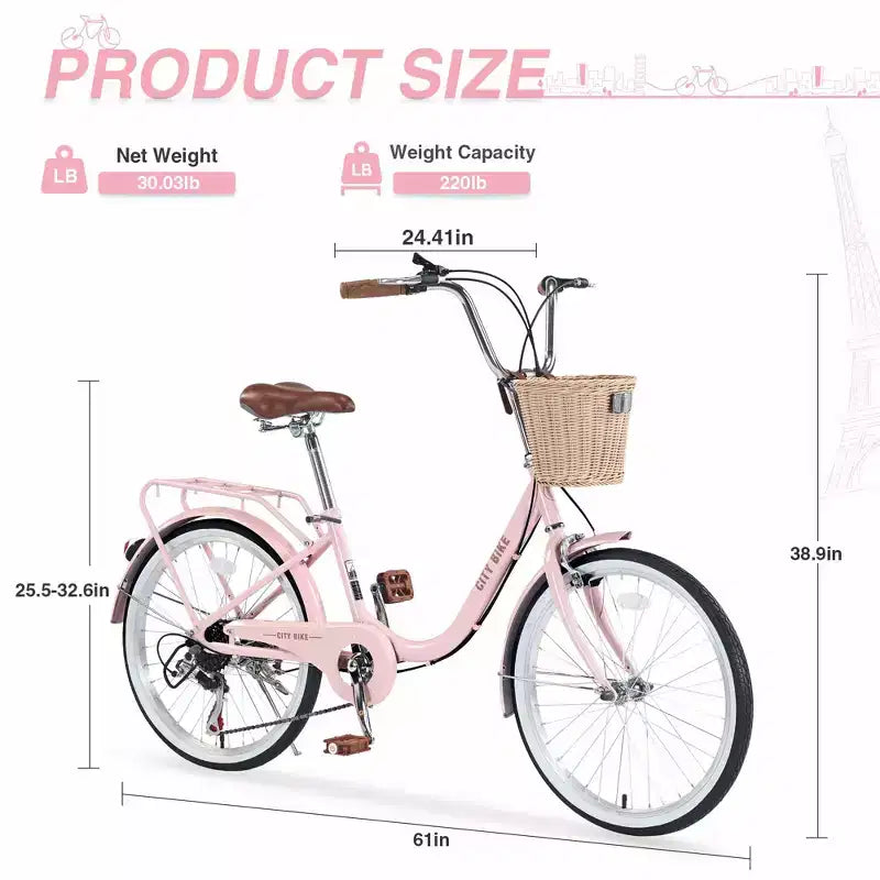 Okak 22-Zoll-Cruiser-Fahrräder mit Frontkorb, Mädchenfahrrad mit Stahlrahmen, V-Bremse und Komfortsattel, Fahrrad für Mädchen und Frauen