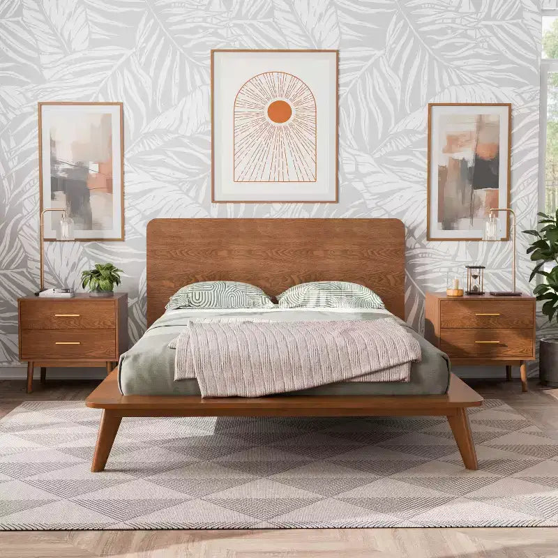HOMES: Inside + Out 3-teiliges Schlafzimmermöbel-Set im Mid-Century-Stil aus Riverstone-Holz mit Bettgestell und 2 Nachttischen, Walnussfarben