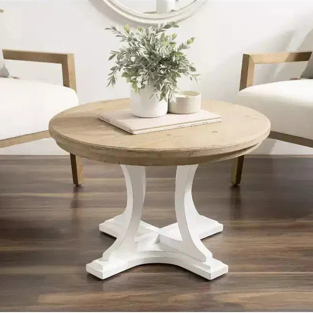 Runder Couchtisch aus Holz, rustikales Braun und Weiß, Kreuzfußgestell