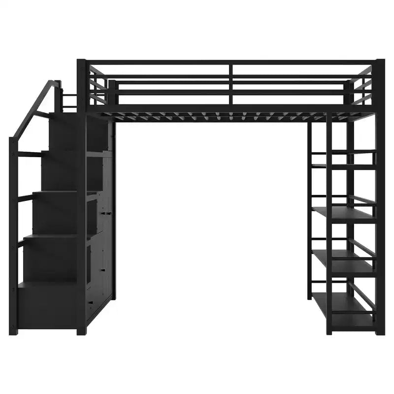 Queen-Size-Metall-Hochbett mit Ablagefächern, Schränken und Kleiderschrank