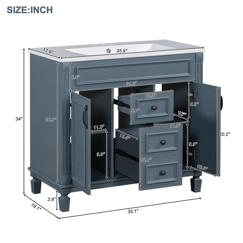 36" Moderner Badezimmer-Waschtisch mit Aufsatzwaschbecken und Spiegelschrank, 2 Türen und 2 Schubladen