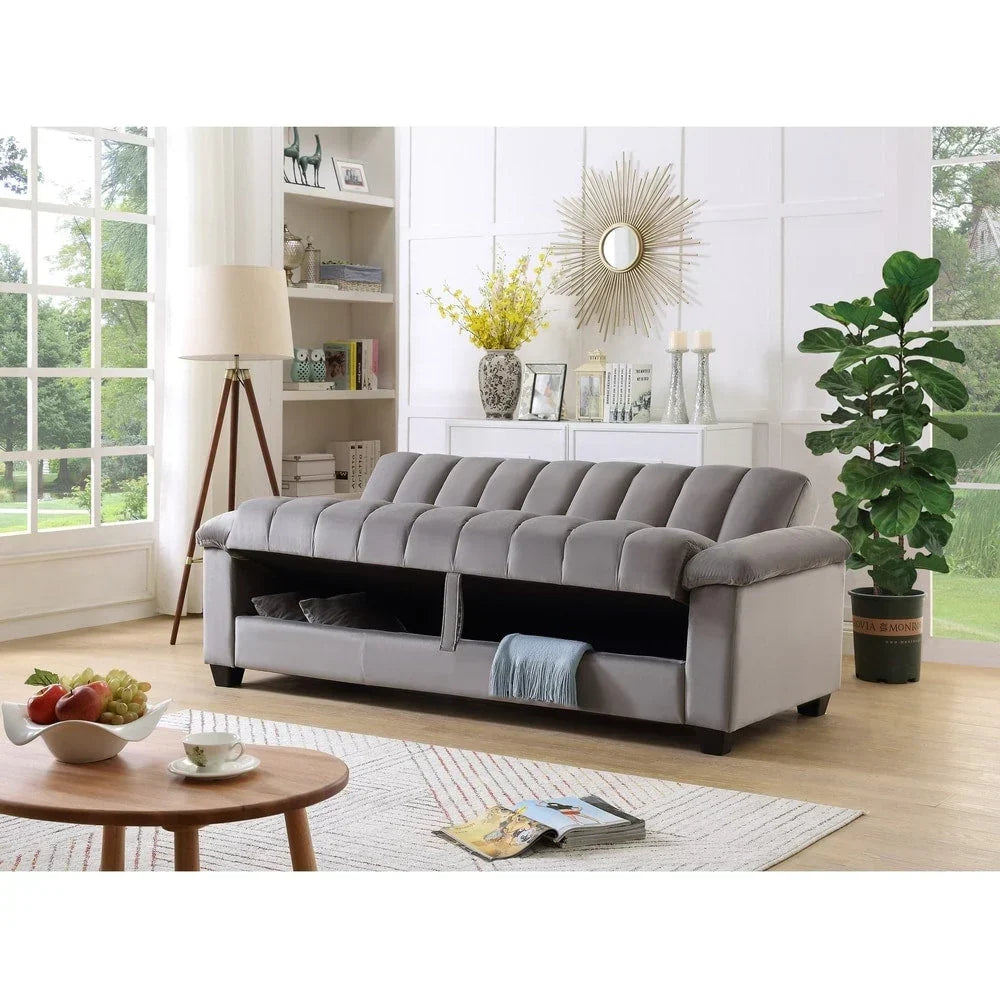 Wandelbares Schlafsofa für das Wohnzimmer mit stoffbezogener Rückenlehne in Rillenoptik