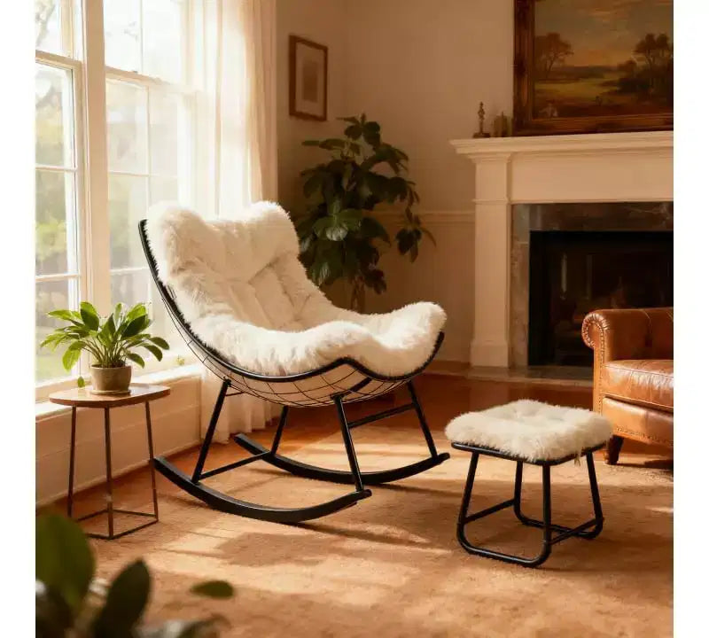 Übergroßer Papasan-Schaukelstuhl mit Ottomane und weichem Plüschkissen, Lounge-Sessel mit Fußstütze und stabilem Metallrahmen, Eier-Schaukelstuhl für das Wohnzimmer