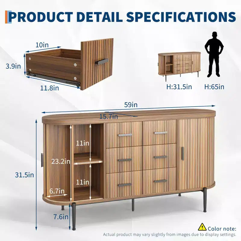 59-Zoll-Sideboard im Landhausstil mit geriffelter Front, TV-Lowboard mit 6 Schubladen und 2 Schiebetüren, vielseitiger Aufbewahrungsschrank fürs Wohnzimmer
