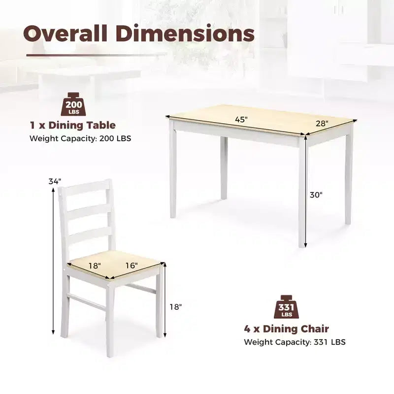 Costway 5-teiliges Esszimmer-Set Massivholz Küchenmöbel mit rechteckigem Tisch & 4 Stühlen Natur/Kaffee/Grau