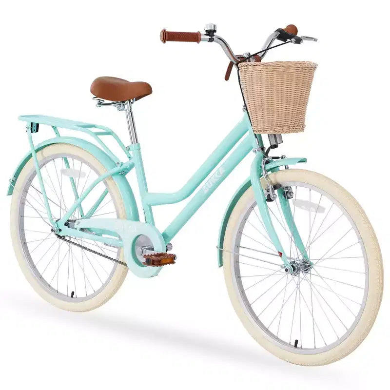 NAYSAYE 24 Zoll Mädchen-Cruiser-Fahrrad, Speed-Hybrid-Citybike für Jugendliche von 7-10+ Jahren mit Weidenkorb & Gepäckträger, Kinderfahrrad