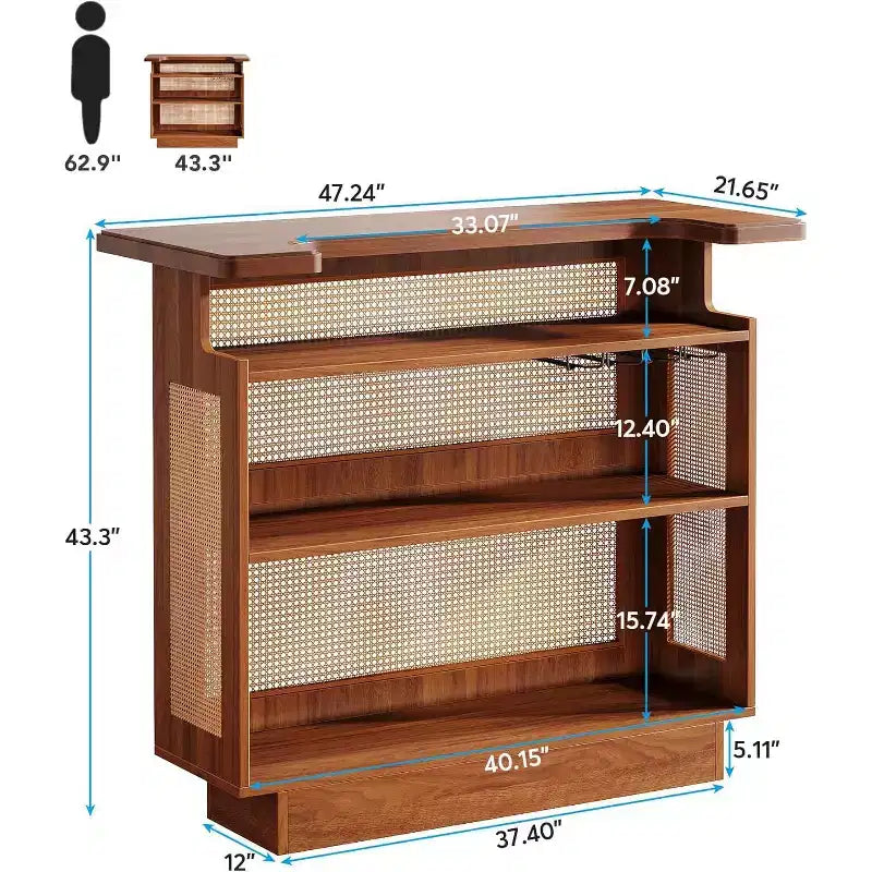 Rattan-Heimbar, 4-stufiger Barwagen im Landhausstil mit 4 Weinglashaltern, Karamellbraun