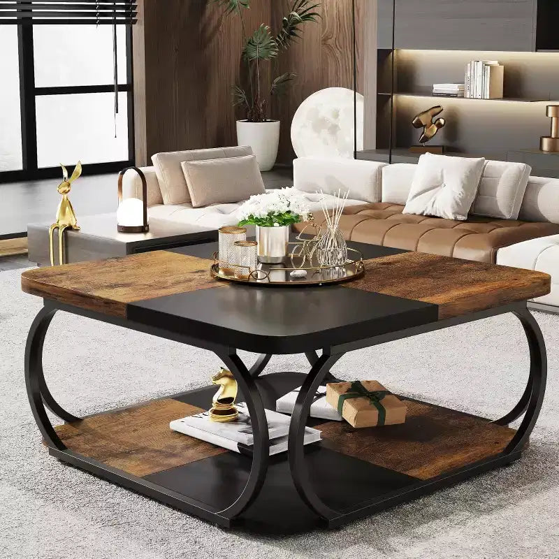 Quadratischer 40-Zoll-Couchtisch mit 2 Ebenen, niedriger Landhaus-Tisch mit Ablagefach für das Wohnzimmer, Schwarz Rustikales Braun