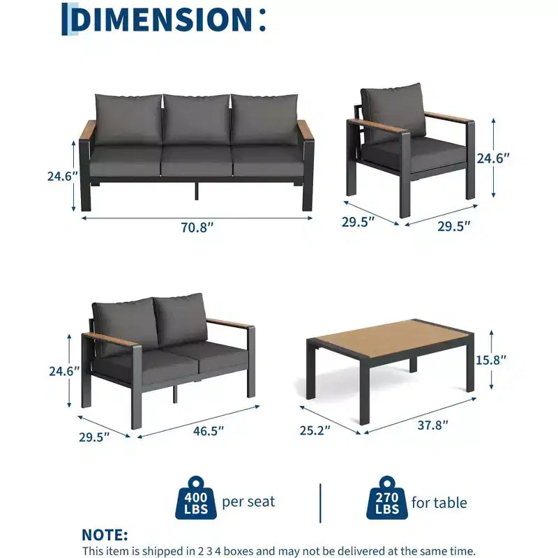Aluminium-Terrassenmöbel-Set, Outdoor-Ecksofa mit 5 dicken Kissen, 4 Armlehnen & Couchtisch für Garten, Terrasse, Hinterhof