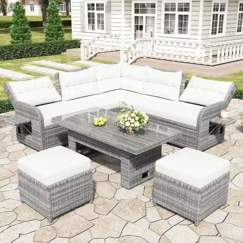 Outdoor-Rattan-Ecksofa-Set mit verstellbarem Tisch und Relaxsesseln