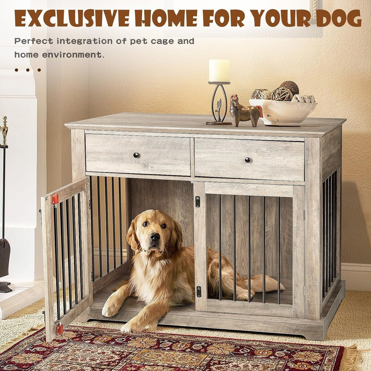 BOSSIN Hundekäfig-Möbel für große Hunde, 112 cm, Hundehütte aus Holz als Beistelltisch mit Schubladen, dekorative Hundeboxen- und Hundehütten-Optik