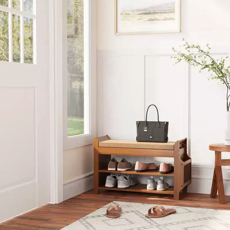 ELECWISH 31,5-Zoll-Schuhbank aus Bambus mit Stauraum – Schuhregal mit 2 Ebenen, verdeckter Schublade und Seitenfach, Braun