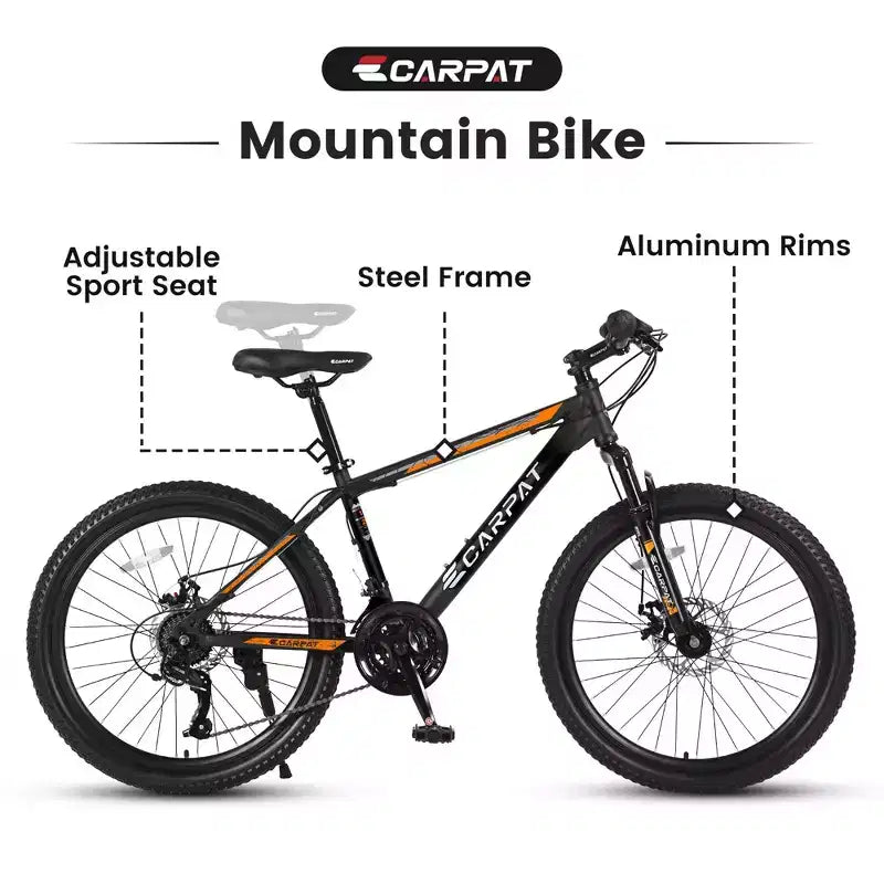 Okak 26 Zoll Mountainbike mit 21 Gängen und Scheibenbremsen, Kinder-Dirtbike mit Rahmen aus kohlenstoffreichem Stahl, Herrenfahrrad für Erwachsene & Jugendliche