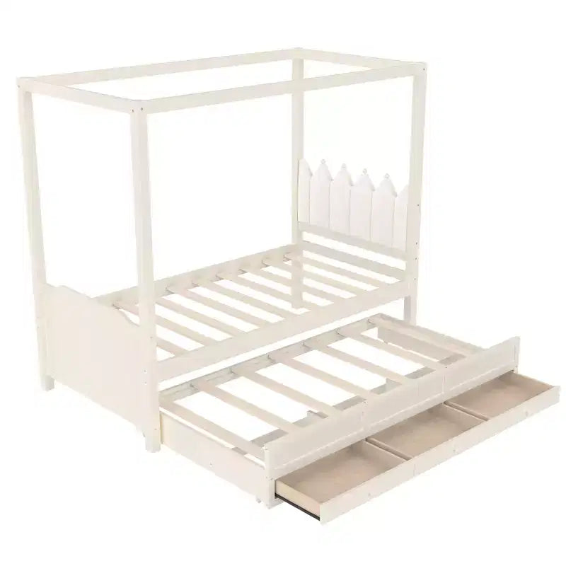 Doppel-/Einzelbett-Plattformbett mit Ausziehbett, Prinzessinnen-Himmelbett aus Holz mit 3 Schubladen, Stauraumbett mit gepolstertem Kopfteil für das Schlafzimmer